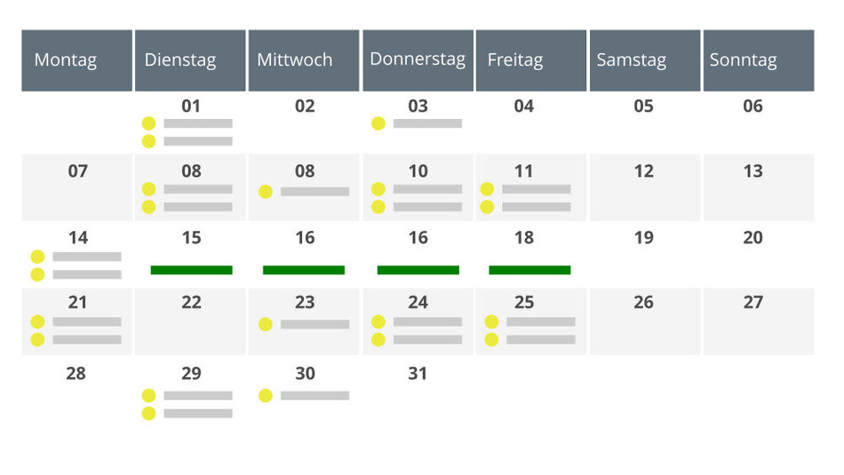 Grafische Darstellung der Termine + geblockte Urlaubstage im Kalender (Monatsansicht)